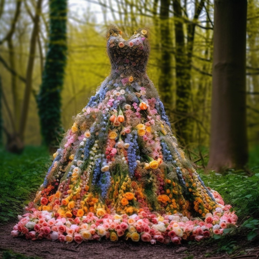 **a beautiful dress made of flowers in the forest during spring in western Europe --upbeta --v 5** - Image #1