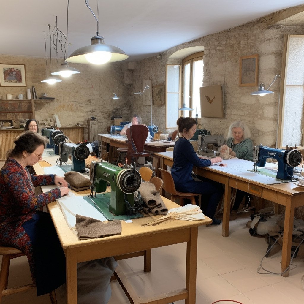 **a few happy women using sewing machines in a beautiful workshop in France in 2023 --upbeta --v 5** - Image #2