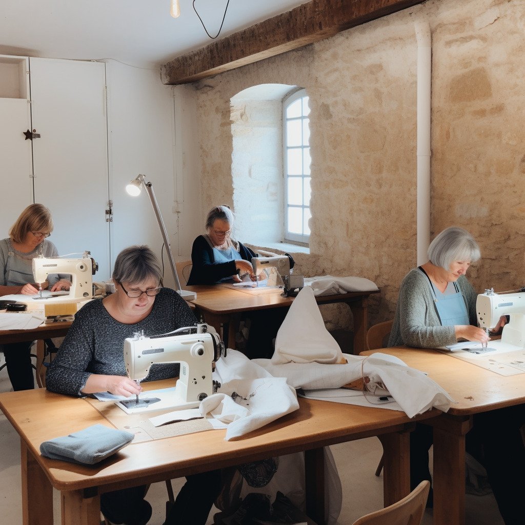 **a few happy women using sewing machines in a beautiful and modern workshop in France in 2023 --upbeta --v 5** - Image #1