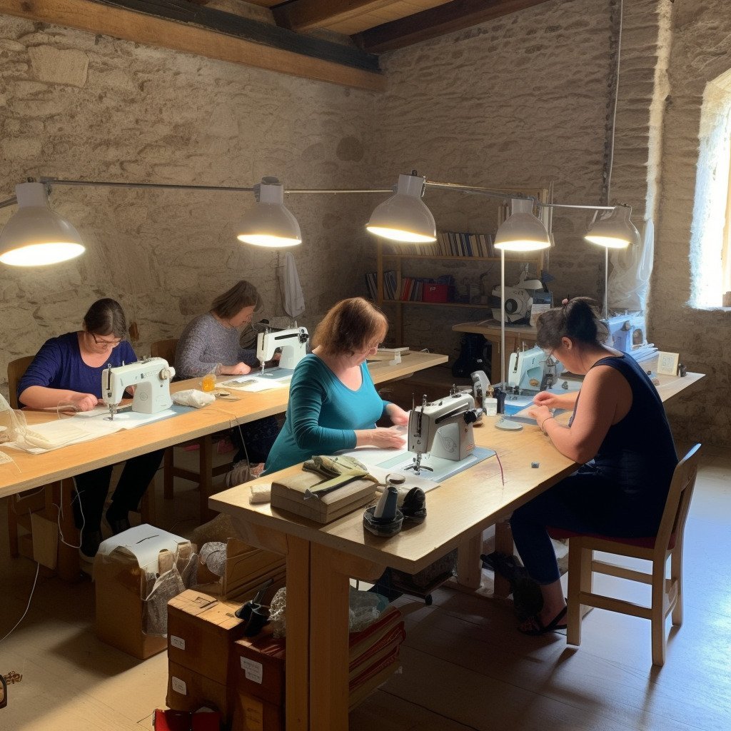 **a few happy women using sewing machines in a beautiful workshop in France in 2023 --upbeta --v 5** - Image #1