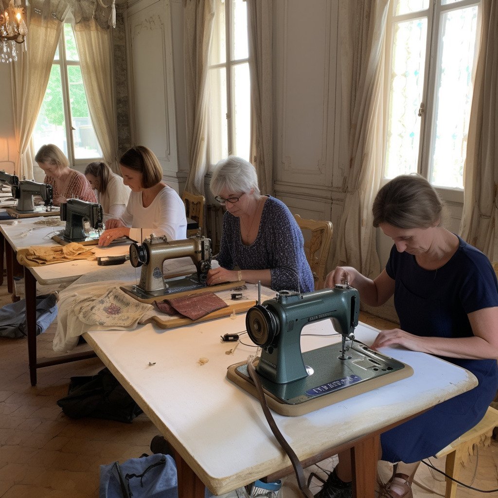 **a few happy women using sewing machines in a beautiful workshop in France in 2023 --upbeta --v 5** - Image #3