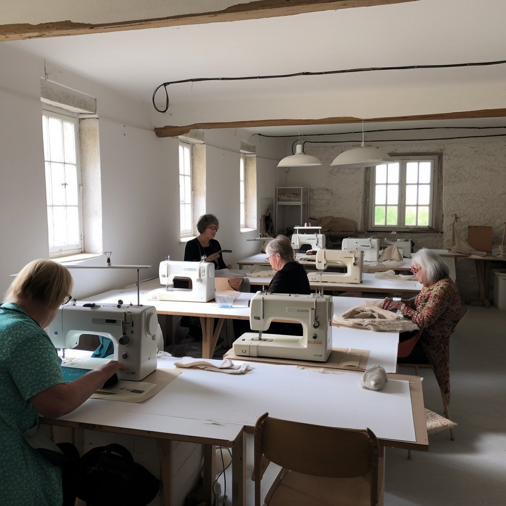 **a few happy women using sewing machines in a beautiful and modern workshop in France in 2023 --upbeta --v 5** - Image #3