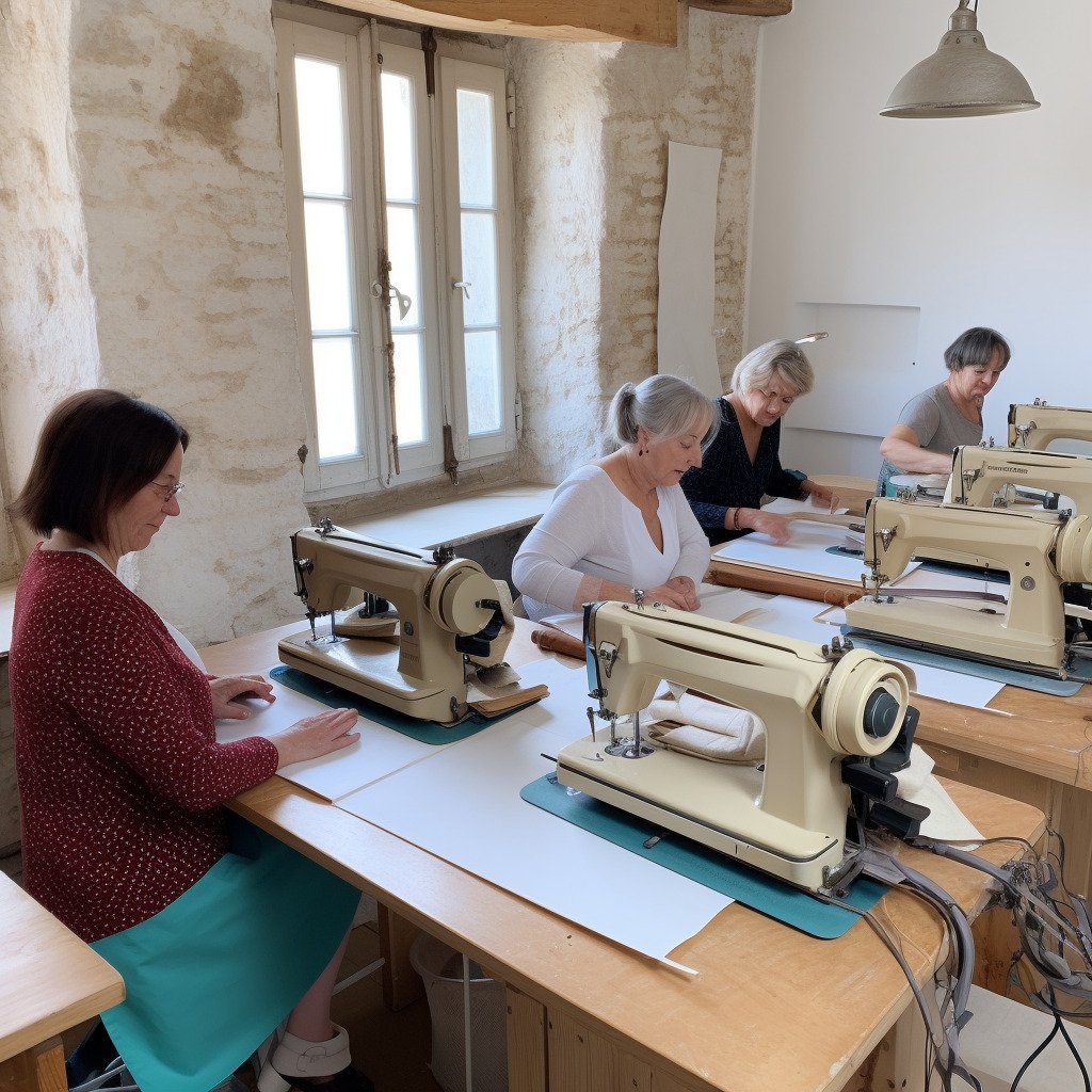 **a few happy women using sewing machines in a beautiful and modern workshop in France in 2023 --upbeta --v 5** - Image #3