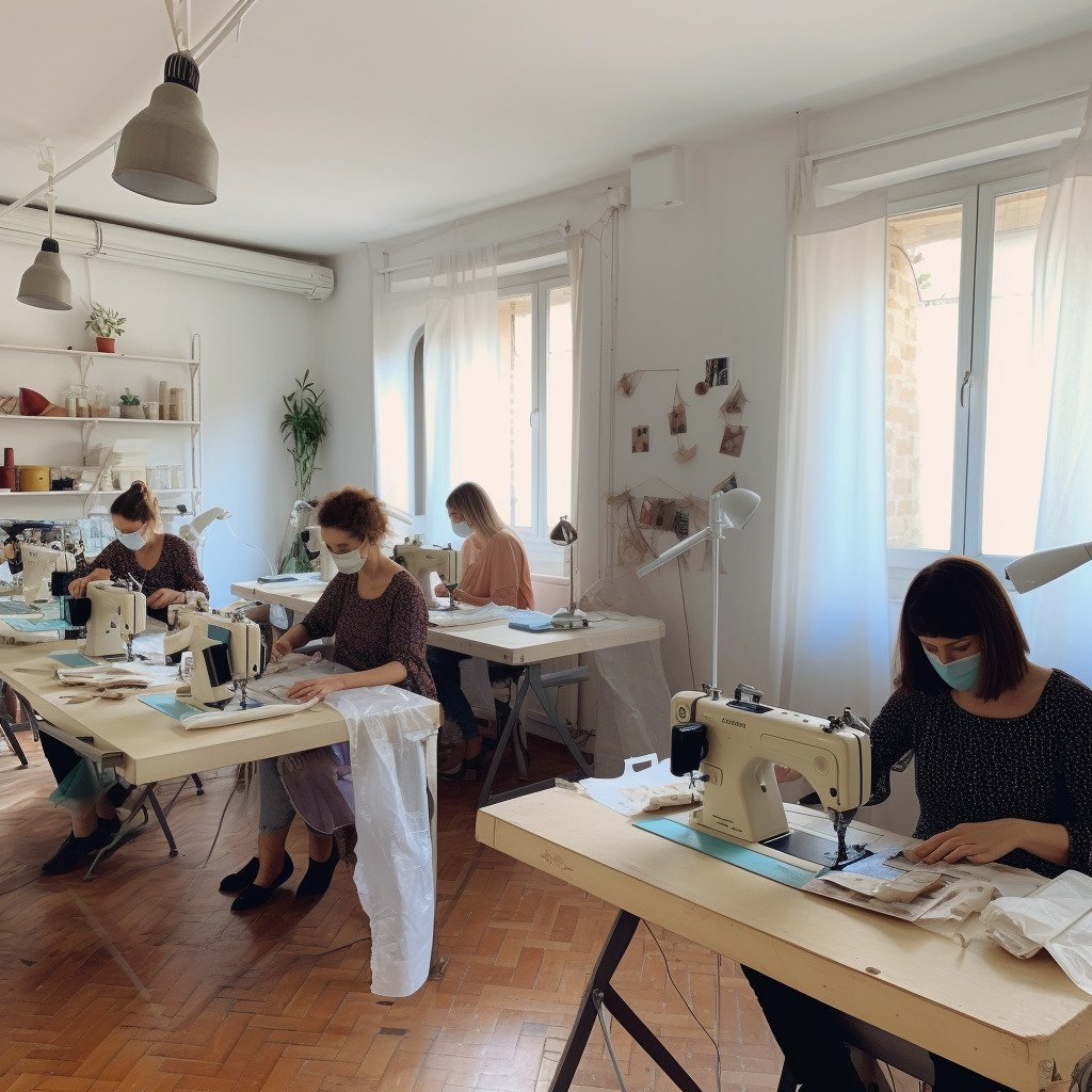 **a few happy women using sewing machines in a beautiful and modern workshop in France in 2023 --upbeta --v 5** - Image #4