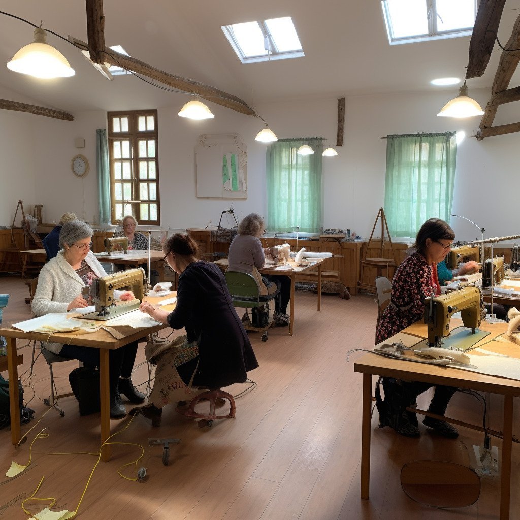**a few happy women using sewing machines in a beautiful and modern workshop in France in 2023 --upbeta --v 5** - Image #1