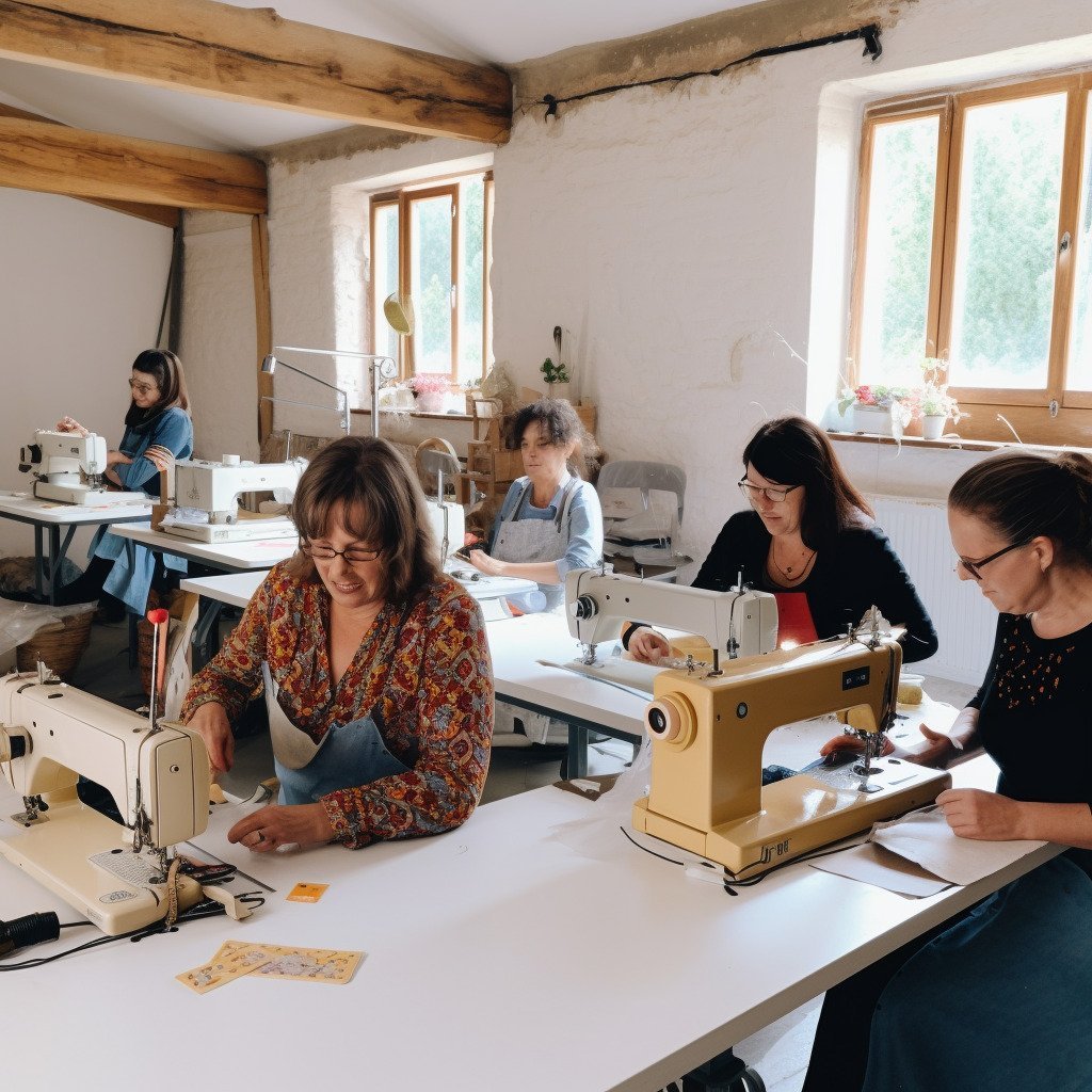 **a few happy women using sewing machines in a beautiful and modern workshop in France in 2023 --upbeta --v 5** - Image #2