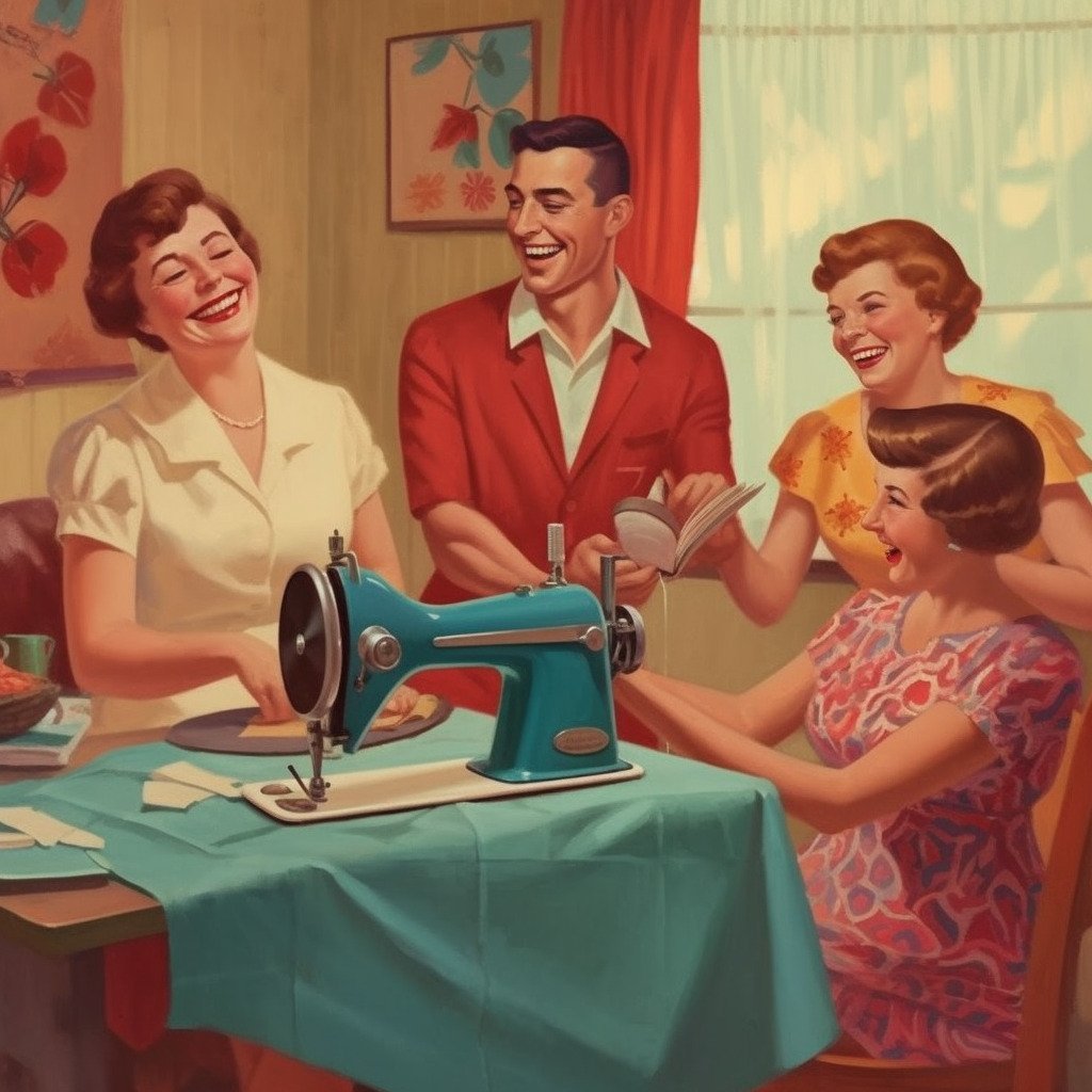 **happy people using a sewing machine --v 5.1** - Image #1