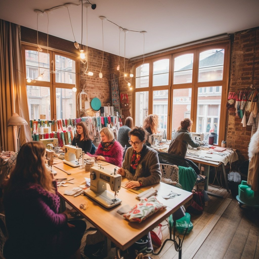 **Capture a vibrant and bustling sewing class in a charming studio located in the heart of Brussels. The room is filled with a diverse group of people, all engrossed in their work. The scene is filled with a variety of colorful fabrics, sewing machines, threads, and patterns spread across wooden tables. The lighting is warm and inviting, highlighting the concentration on the students' faces and the intricate details of their work. The style should be hyper-realistic, with a focus on the textures of the materials and the ambient atmosphere of the room. Use a Canon EOS 5D Mark IV DSLR camera with an EF 50mm f/1.8 STM lens, resolution 30.4 megapixels, ISO sensitivity: 100, Shutter speed 1/125 second. The composition should be wide, capturing the full scope of the class, with a depth of field that brings the foreground into sharp focus --repeat 10 --v 5.1** - Image #2