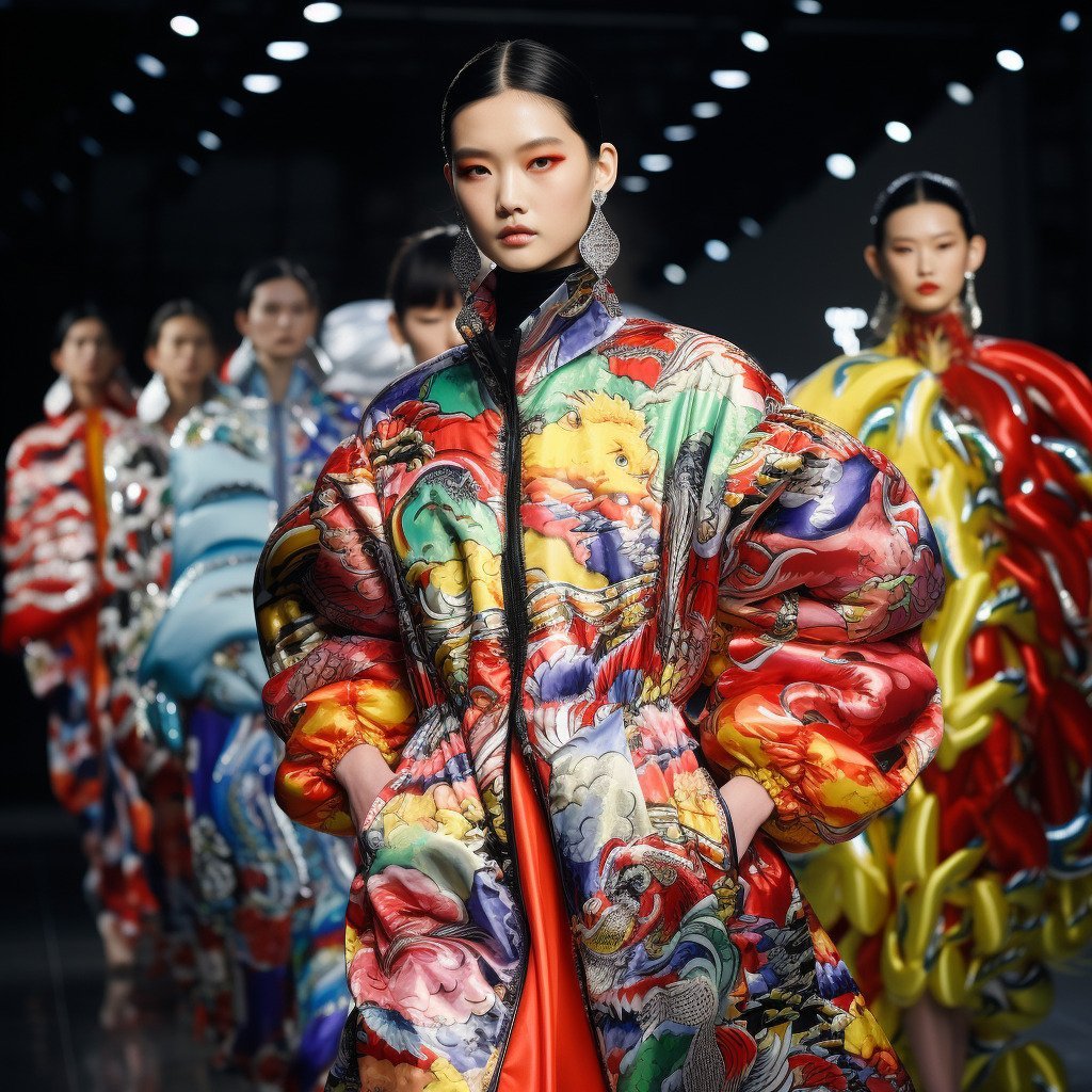 **runway filled with a youthful and energetic parade of models, donning oversized jackets with exaggerated shoulders, high-waisted baggy trousers, cropped tops with Mandarin collars, all in a riot of colors like electric blue, neon green, and fiery red, adorned with intricate embroidery and Chinese dragon motifs. That's Angel Chen's distinct and recognizable style.** - Image #2