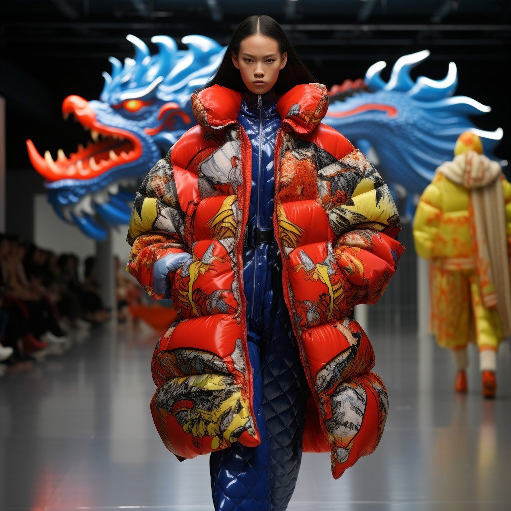 **runway filled with a youthful and energetic parade of models, donning oversized jackets with exaggerated shoulders, high-waisted baggy trousers, cropped tops with Mandarin collars, all in a riot of colors like electric blue, neon green, and fiery red, adorned with intricate embroidery and Chinese dragon motifs. That's Angel Chen's distinct and recognizable style.** - Image #3