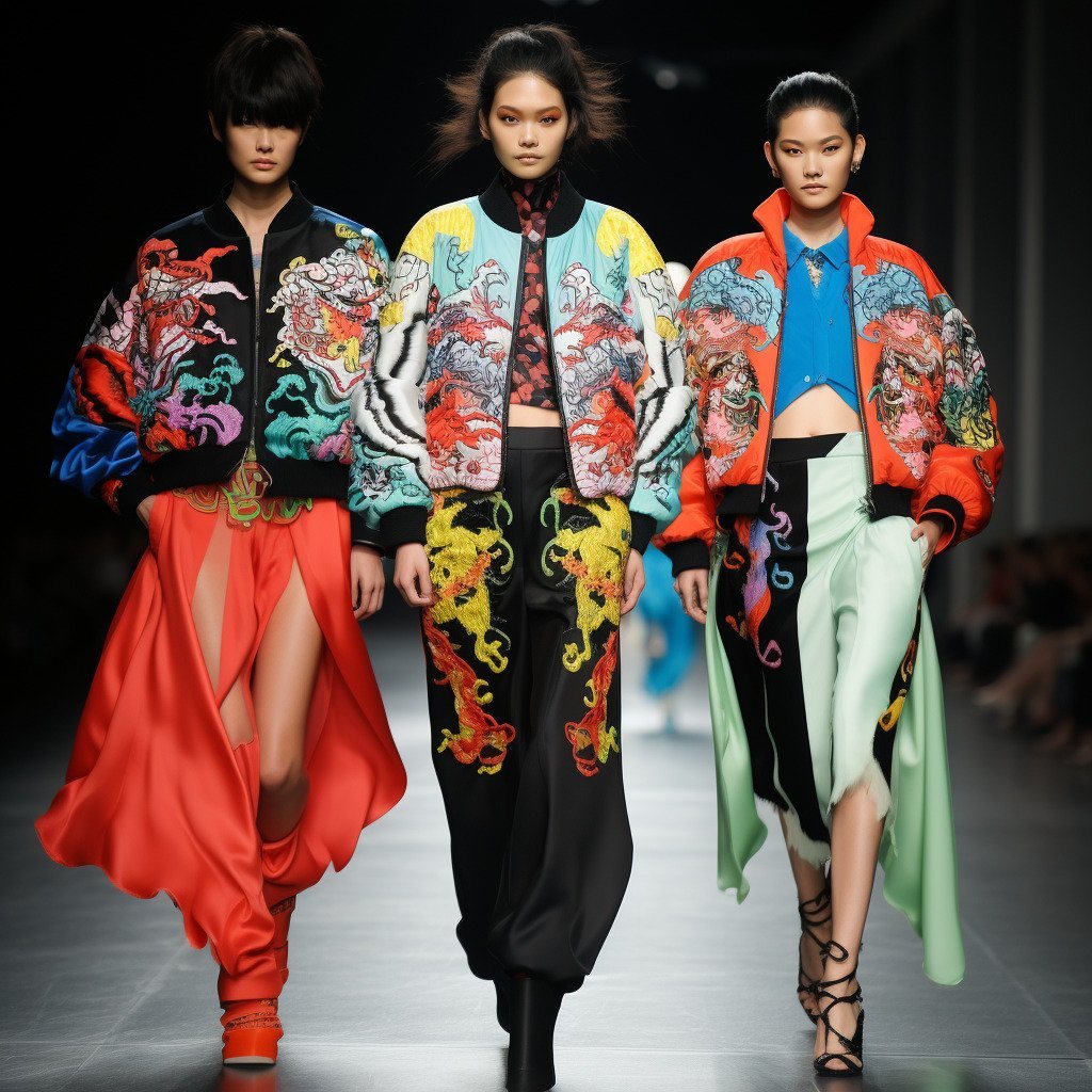 **runway filled with a youthful and energetic parade of models, donning oversized jackets with exaggerated shoulders, high-waisted baggy trousers, cropped tops with Mandarin collars, all in a riot of colors like electric blue, neon green, and fiery red, adorned with intricate embroidery and Chinese dragon motifs. That's Angel Chen's distinct and recognizable style.** - Image #3