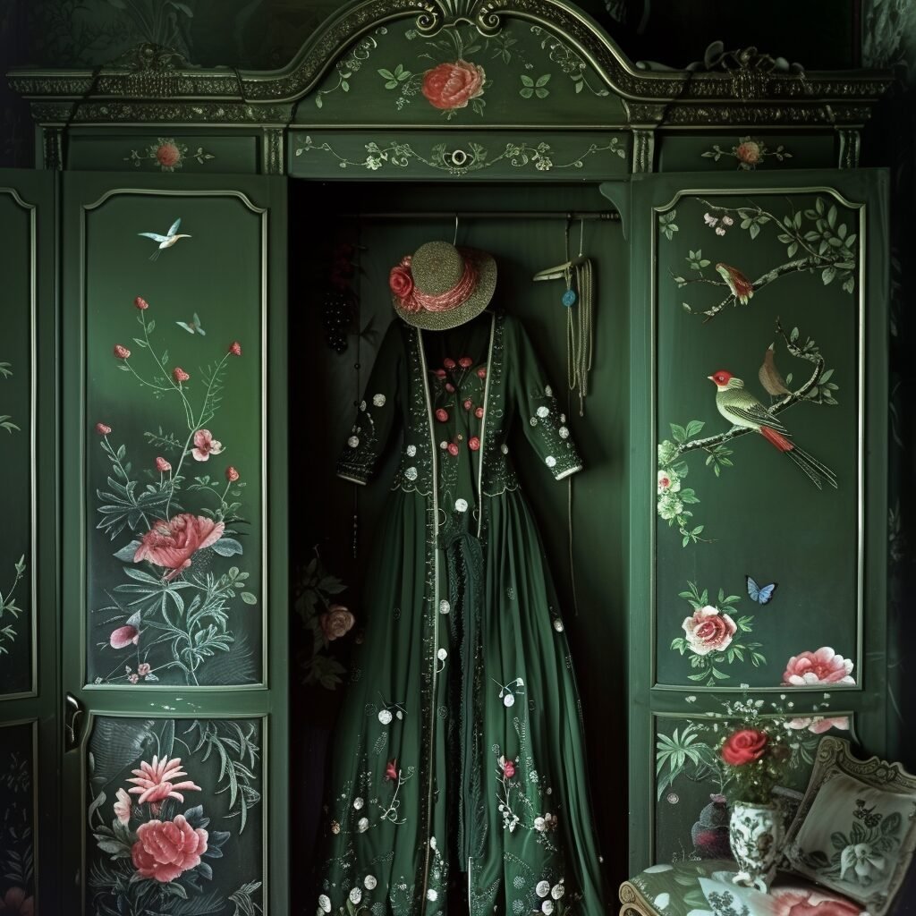 **a beautiful wardrobe and a woman. Green --v 6.0** - Image #4