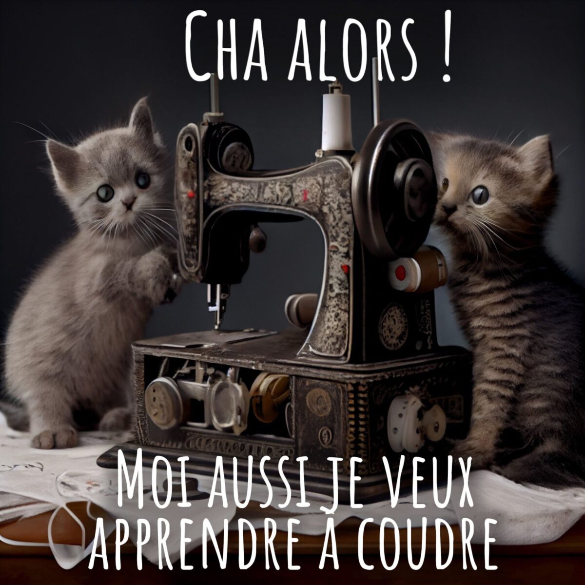 Chaton qui apprend à coudre