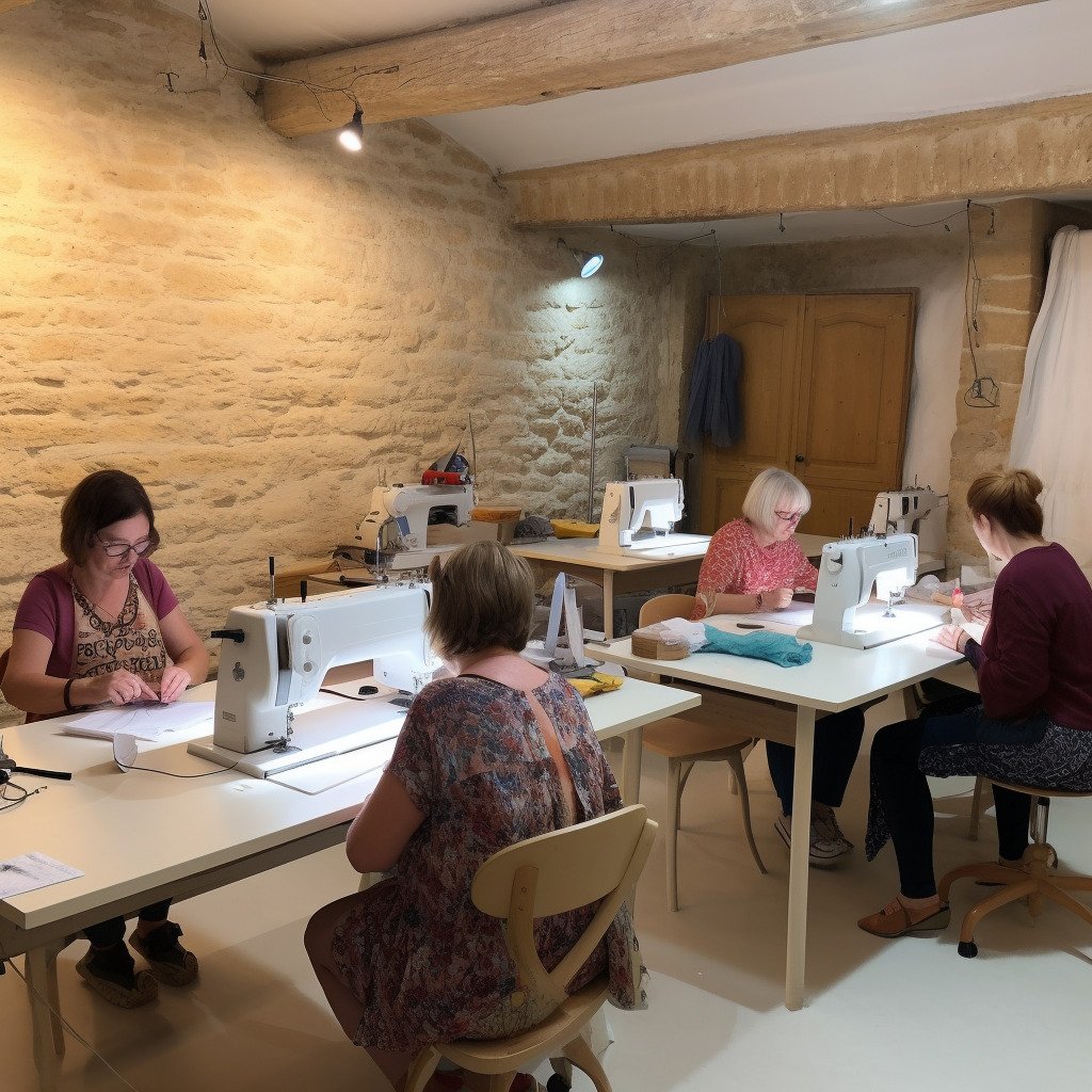 **a few happy women using sewing machines in a beautiful and modern workshop in France in 2023 --upbeta --v 5** - Image #4