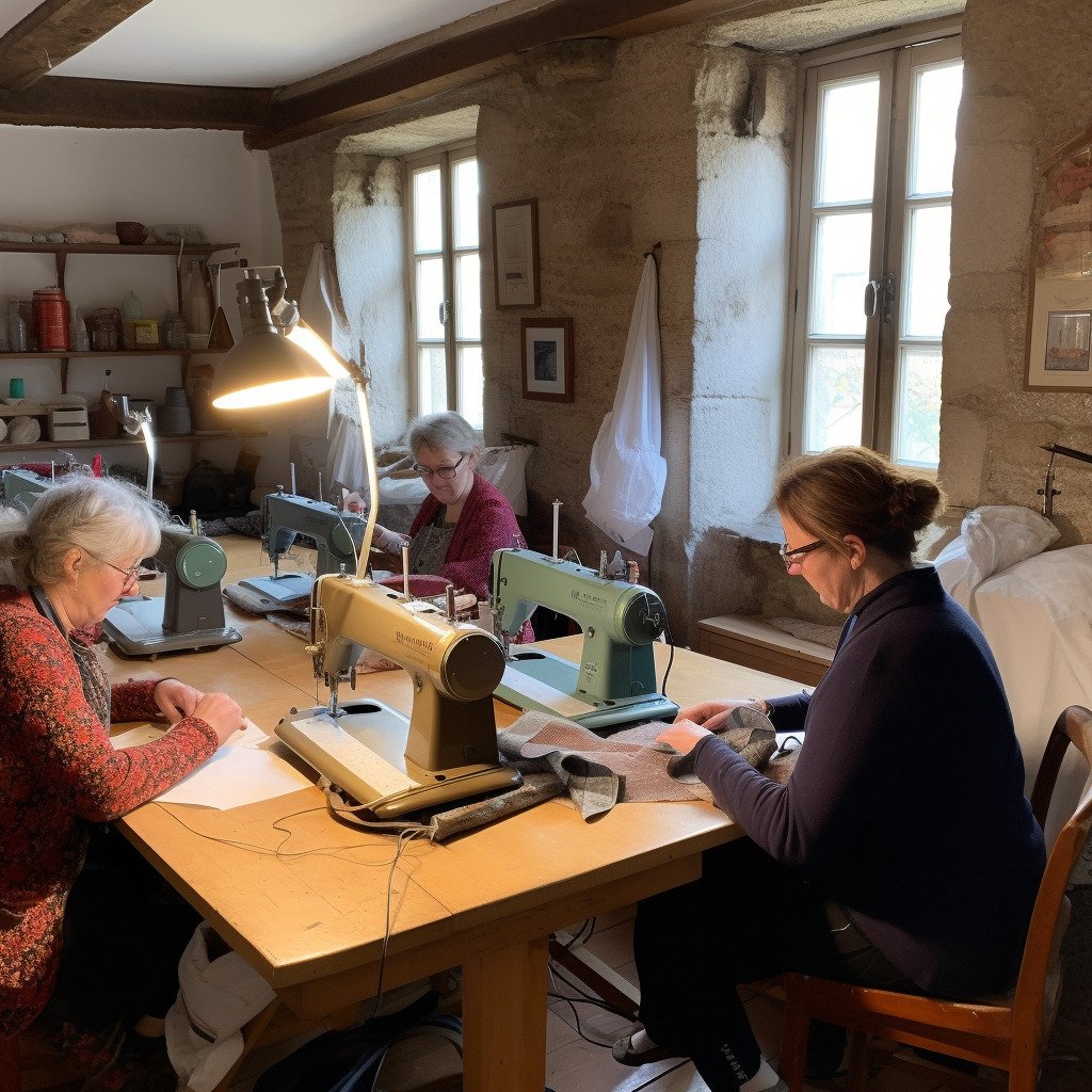 **a few happy women using sewing machines in a beautiful workshop in France in 2023 --upbeta --v 5** - Image #1