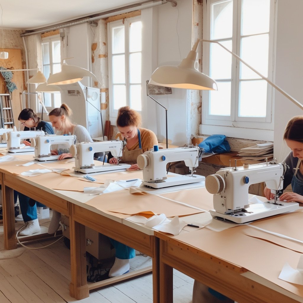 **a few happy women using sewing machines in a beautiful and modern workshop in France in 2023 --upbeta --v 5** - Image #1