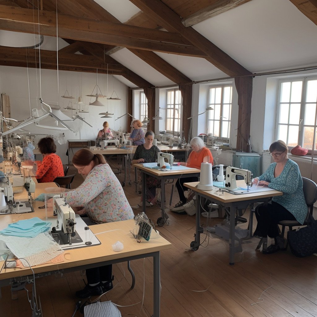 **a few happy women using sewing machines in a beautiful and modern workshop in France in 2023 --upbeta --v 5** - Image #1