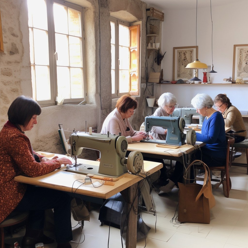 **a few happy women using sewing machines in a beautiful workshop in France in 2023 --upbeta --v 5** - Image #3