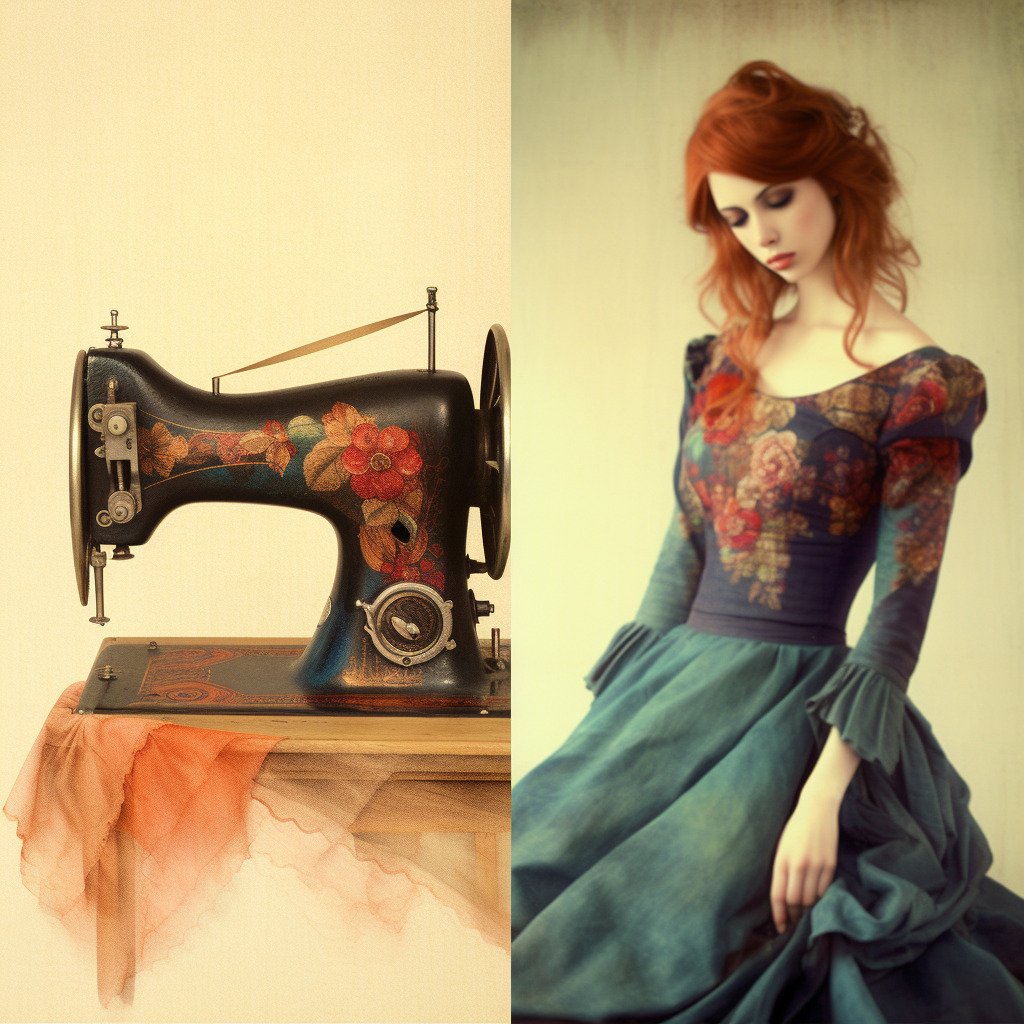 **Fashion style and a sewing machine. colors : #F2E506 & #0B00B4 --v 5.1** - Image #1