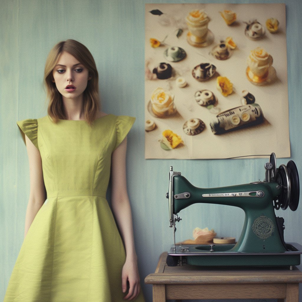 **spring fashion style and a sewing machine. colors : #F2E506 & #0B00B4 --v 5.1** - Image #4