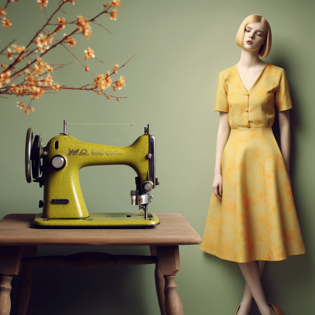 **spring fashion style and a sewing machine. colors : #F2E506 & #0B00B4 --v 5.1** - Image #2