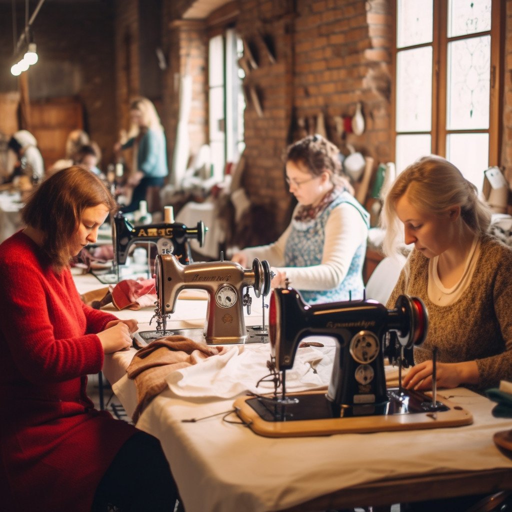 **women using sewing machine in a beautiful sewing workshop for spring --repeat 10 --v 5.1** - Image #2