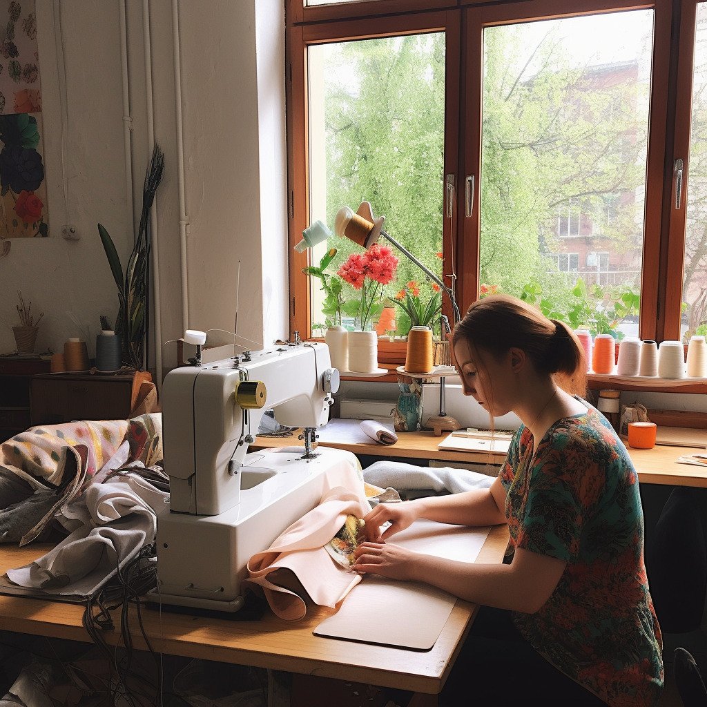 **women using sewing machine in a beautiful sewing workshop for spring --repeat 10 --v 5.1** - Image #4