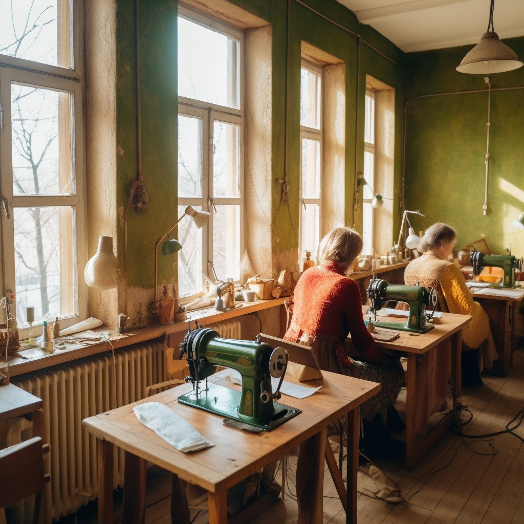**women using sewing machine in a beautiful sewing workshop for spring --repeat 10 --v 5.1** - Image #3