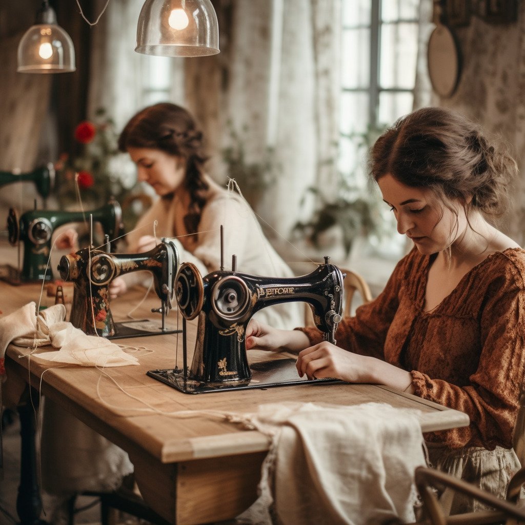 **women using sewing machine in a beautiful sewing workshop for spring --repeat 10 --v 5.1** - Image #2