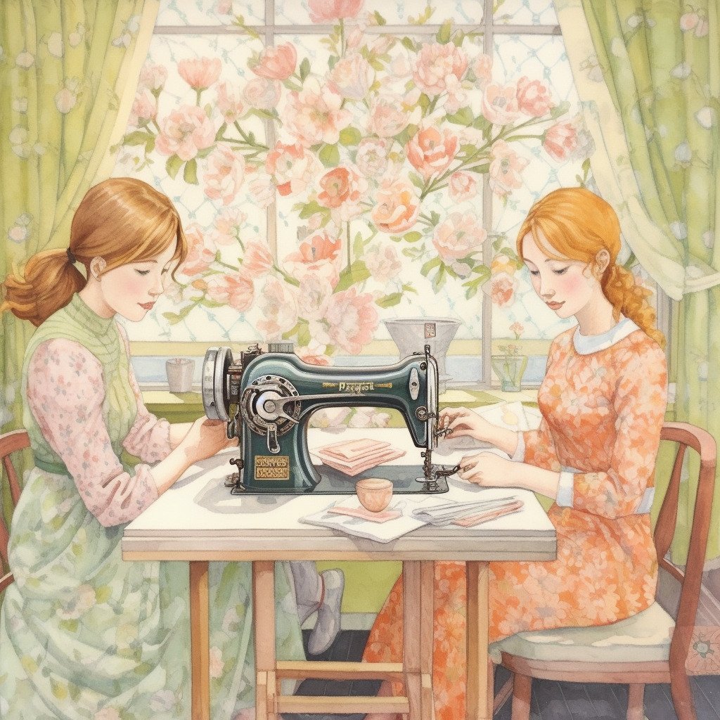 **happy people using a sewing machine in a sewing classroom. Beautiful fabric. Flowers. Spring. Pale colors --v 5.1** - Image #2