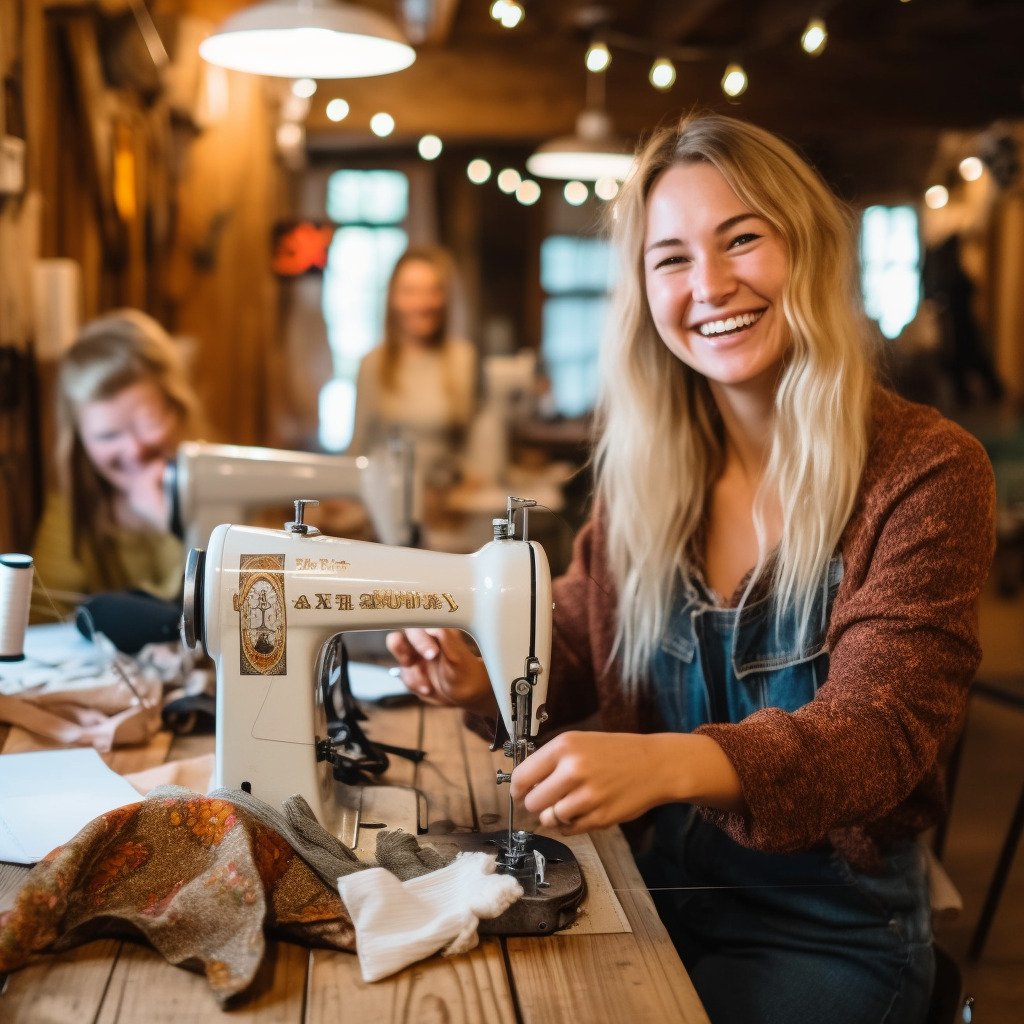 **happy women using a sewing machine in Europe in a beautiful workshop in 2023 --v 5.1** - Image #3