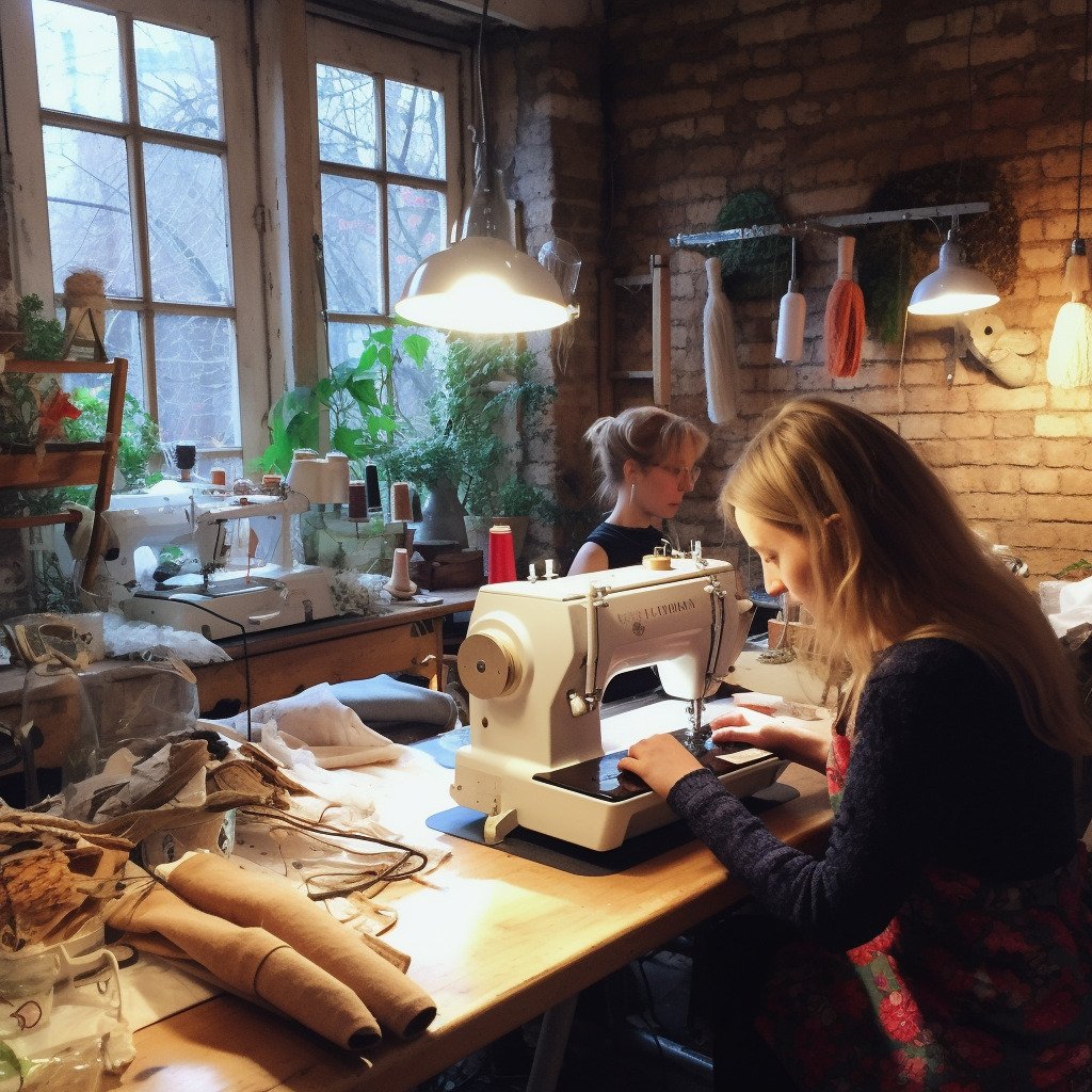 **women using sewing machine in a beautiful sewing workshop for spring --repeat 10 --v 5.1** - Image #4