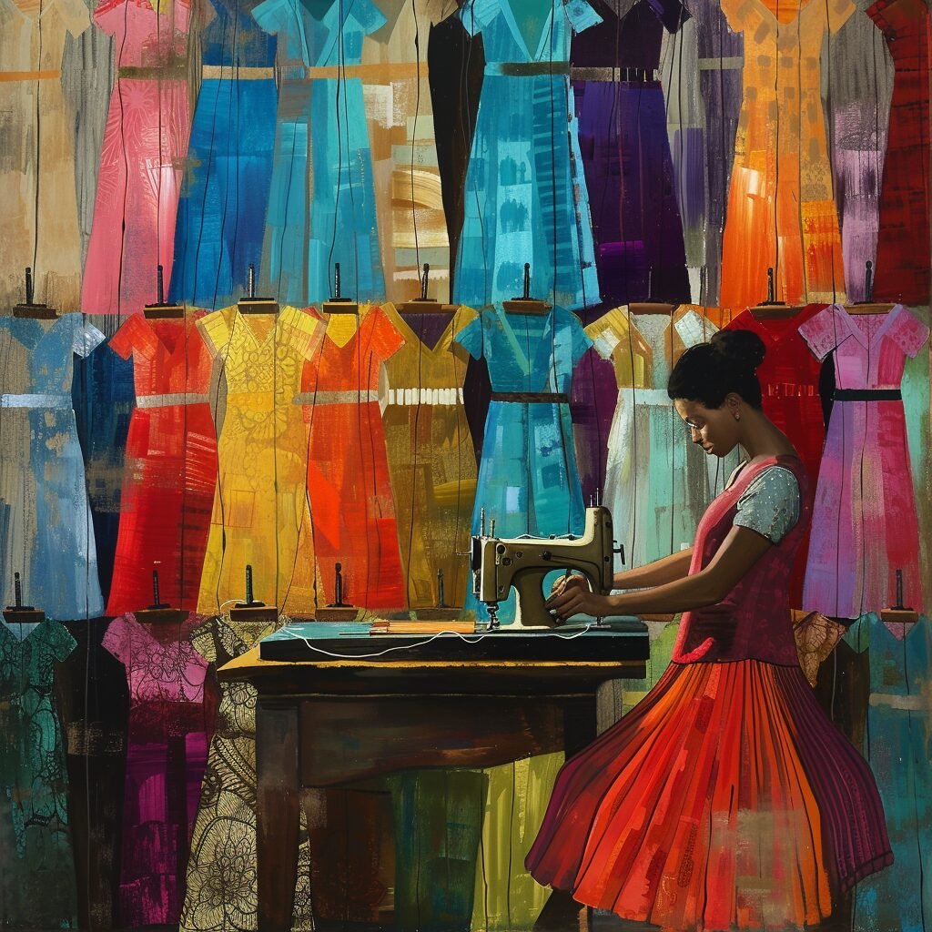 **a woman sewing clothes with a wonderful workshop with dresses of diverse colors --v 6.0** - Image #3
