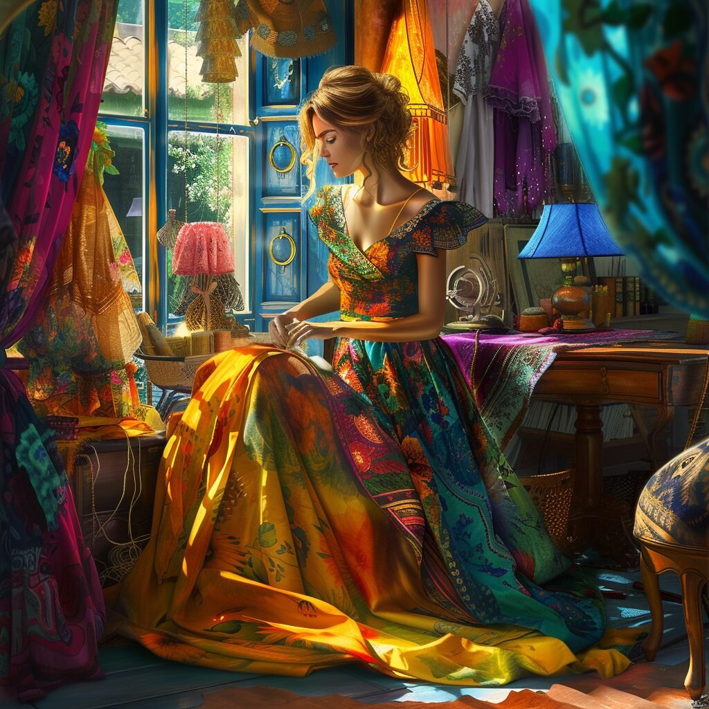 **a woman sewing clothes with a wonderful workshop with dresses of diverse colors --v 6.0** - Image #2